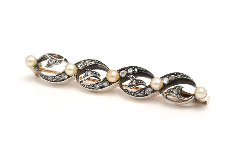 Broche Broche Art Nouveau en or jaune 18 carats et argent, perles et diamants taille rose 58 Facettes 22482