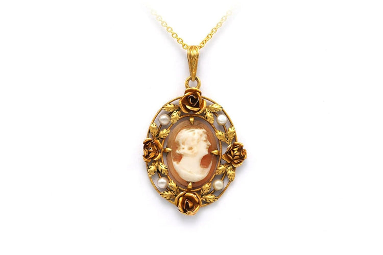 Pendentif Art Nouveau - Pendentif en or jaune 18 carats, perles et camée 58 Facettes 22291