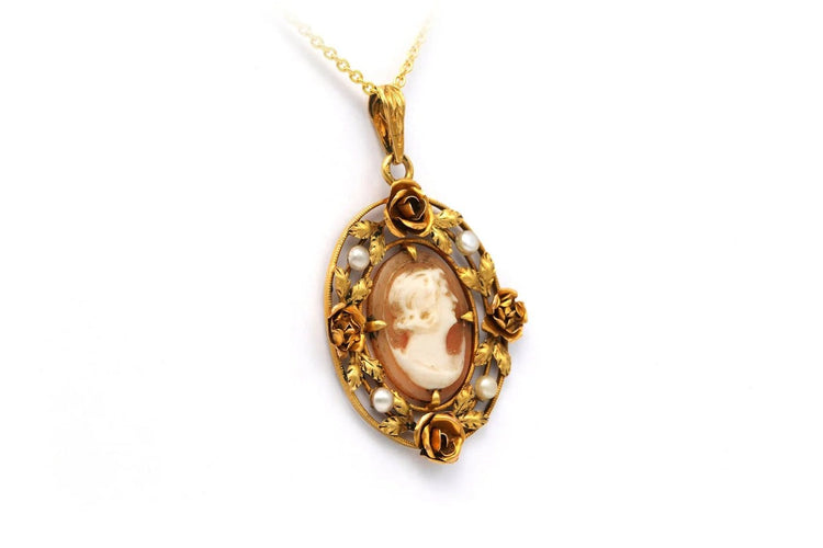 Pendentif Art Nouveau - Pendentif en or jaune 18 carats, perles et camée 58 Facettes 22291