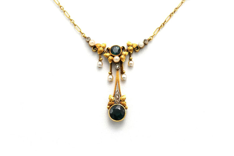 Collier Collier Art nouveau en or jaune 18 carats avec tourmalines, perles et diamants 58 Facettes 22936