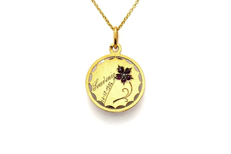 Pendentif Pendentif porte-photo Art nouveau en or jaune 18 carats rubis et diamant 58 Facettes B753