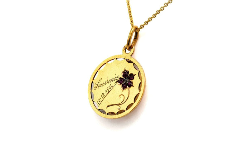 Pendentif Pendentif porte-photo Art nouveau en or jaune 18 carats rubis et diamant 58 Facettes B753