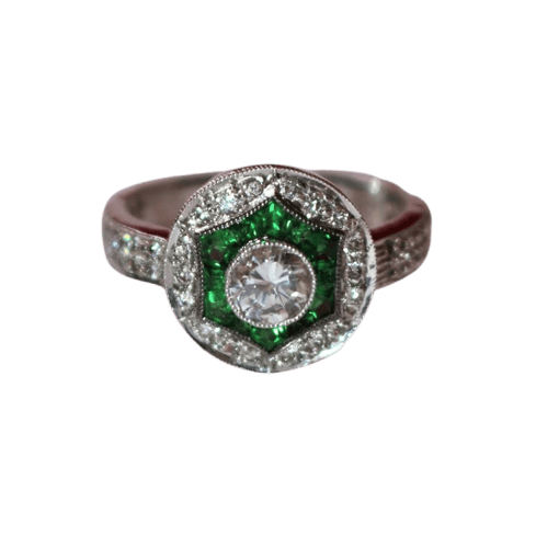 Bague 53 Bague style Art déco en or blanc 18k, diamants et tsavorites 58 Facettes 416