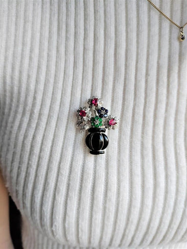 Pendentif Broche-pendentif panier de fleurs Art déco en or blanc 18 k 58 Facettes 446