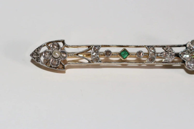 Broche Broche-barrette Art déco en or 18k avec émeraudes, perles et diamants 58 Facettes 525