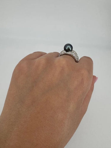 Bague 59 Bague en or blanc 750 avec diamants env. 3 ct et perle de Tahiti 58 Facettes 1237