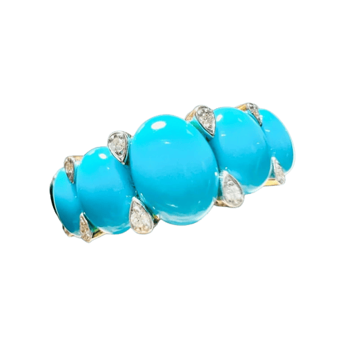 Bague 55 Bague jarretière en or jaune 18 carats turquoises cabochons et diamants 58 Facettes 7739 A