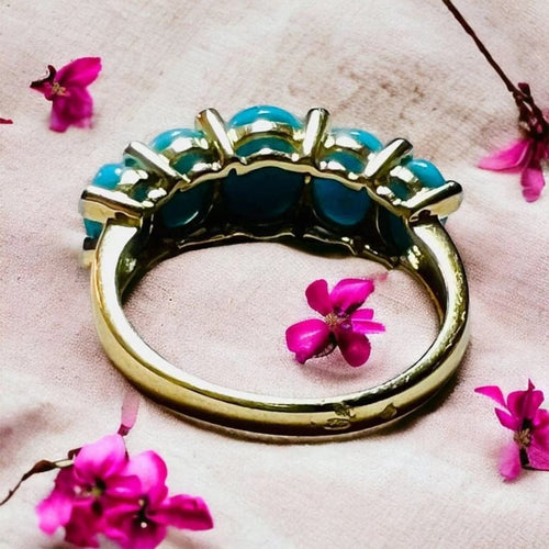Bague 55 Bague jarretière en or jaune 18 carats turquoises cabochons et diamants 58 Facettes 7739 A