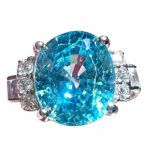 Bague 53 Bague en or blanc 18 carats avec zircon bleu et diamants 58 Facettes 7850 A