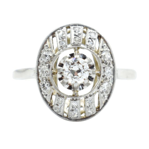Bague 53 Bague Art déco ovale en or 18 carats, platine et diamants 58 Facettes