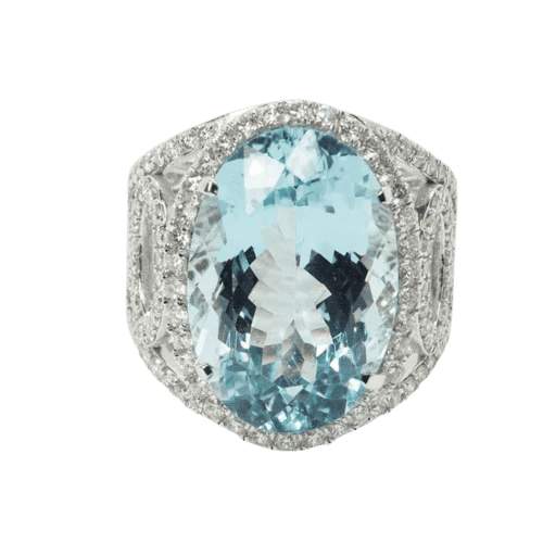 Bague 54 Bague en or blanc 18 carats avec aigue-marine et diamants 58 Facettes 4802