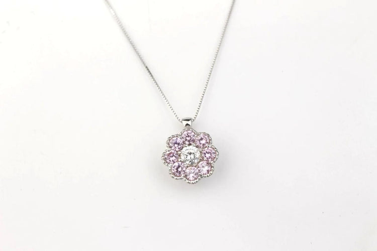Collier Collier en or blanc 18K - Diamant taille brillant et saphirs roses 58 Facettes