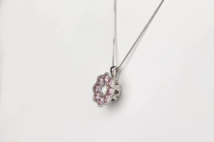 Collier Collier en or blanc 18K - Diamant taille brillant et saphirs roses 58 Facettes