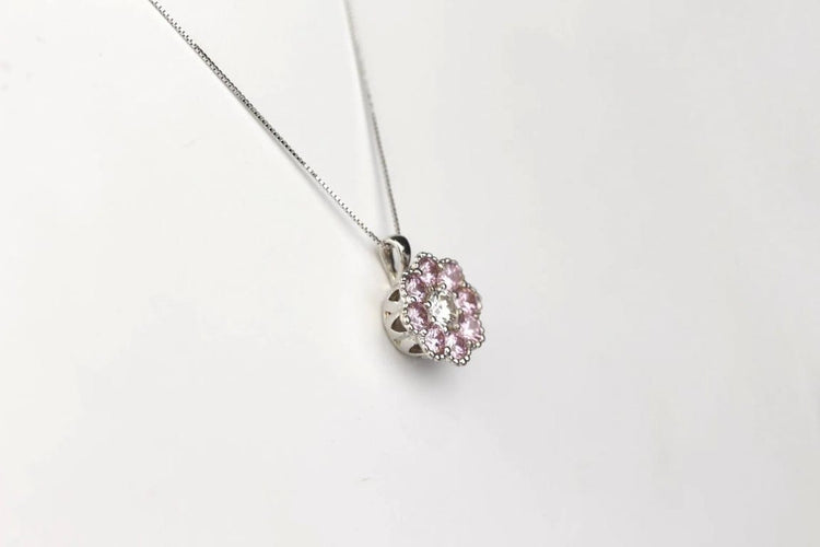 Collier Collier en or blanc 18K - Diamant taille brillant et saphirs roses 58 Facettes