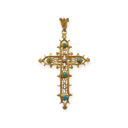 Pendentif Pendentif croix en or jaune, perle de culture et turquoise 58 Facettes 330089070