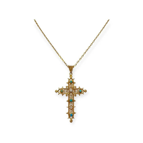 Pendentif Pendentif croix en or jaune, perle de culture et turquoise 58 Facettes 330089070