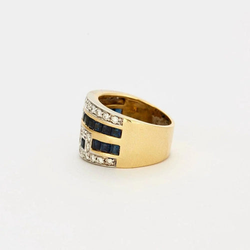 Bague 53 Bague bandeau motif géométrique en or bicolore 18 carats, saphirs, diamants 58 Facettes AB47