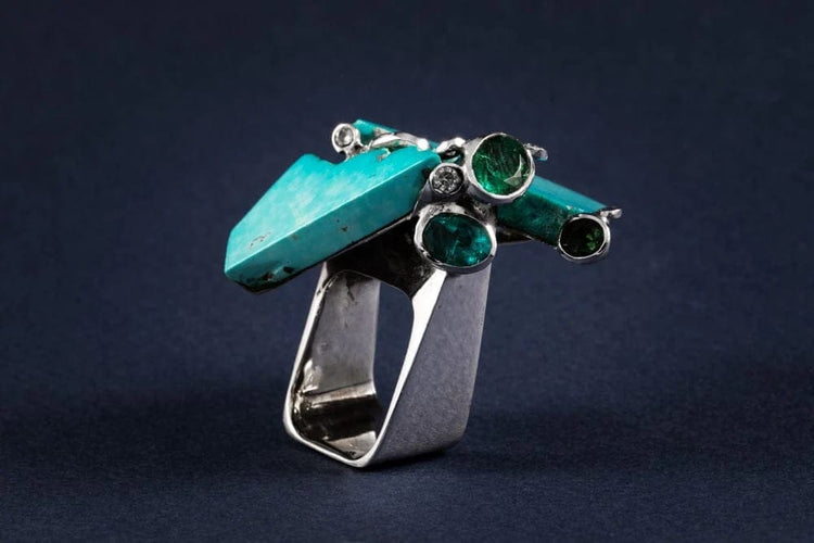 Bague 51 Thierry Vendome - Bague Sakura avec turquoises, tourmaline verte et diamant 58 Facettes 227210