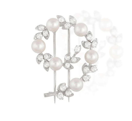 Broche Broche perles de culture et diamants taille ancienne en or blanc 58 Facettes 258843