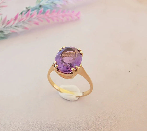 Bague 54.5 Bague solitaire améthyste ovale en or jaune 18 K 58 Facettes AB 1079