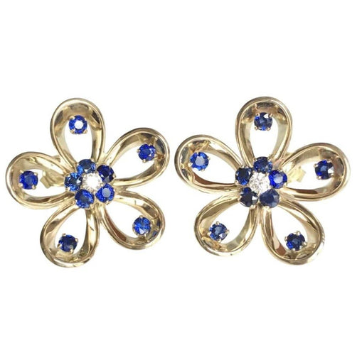 Boucles d'oreilles Boucles d’oreilles fleurs en or jaune 14 carats, saphirs et diamants 58 Facettes