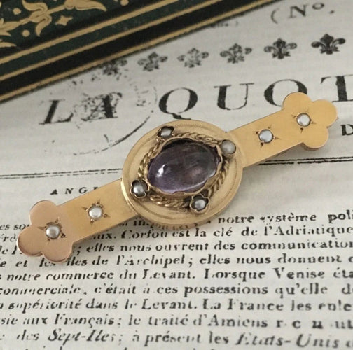 Broche Broche Napoléon III en or jaune 18K avec améthyste et perles 58 Facettes