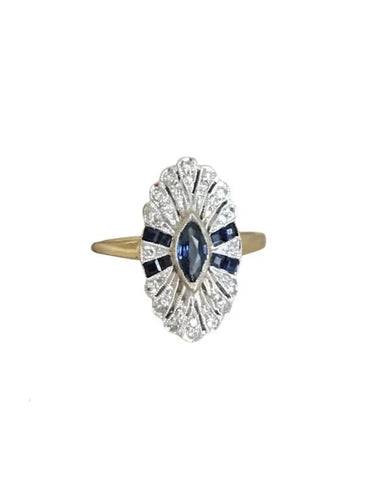 Bague 50.5 Bague Art déco pavée en or jaune 18K et platine, saphirs et diamants 58 Facettes