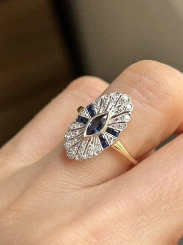Bague 50.5 Bague Art déco pavée en or jaune 18K et platine, saphirs et diamants 58 Facettes