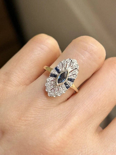 Bague 50.5 Bague Art déco pavée en or jaune 18K et platine, saphirs et diamants 58 Facettes