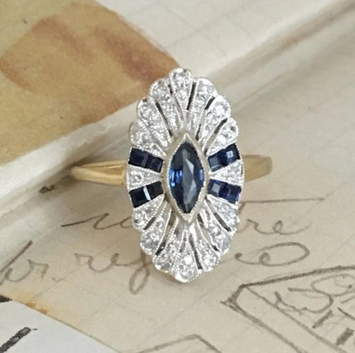 Bague 50.5 Bague Art déco pavée en or jaune 18K et platine, saphirs et diamants 58 Facettes