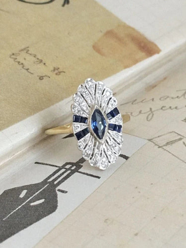 Bague 50.5 Bague Art déco pavée en or jaune 18K et platine, saphirs et diamants 58 Facettes