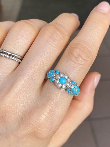 Bague 58 Bague fleur ancienne en or jaune 18K, perles et turquoises 58 Facettes