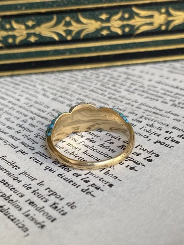 Bague 58 Bague fleur ancienne en or jaune 18K, perles et turquoises 58 Facettes