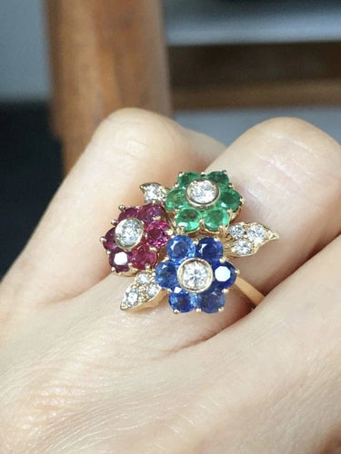 Bague 51 Bague fleur en or jaune 18K avec saphirs, rubis, émeraudes et diamants 58 Facettes