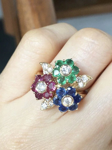 Bague 51 Bague fleur en or jaune 18K avec saphirs, rubis, émeraudes et diamants 58 Facettes
