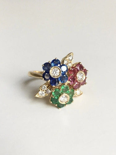 Bague 51 Bague fleur en or jaune 18K avec saphirs, rubis, émeraudes et diamants 58 Facettes