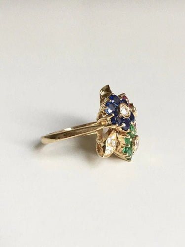 Bague 51 Bague fleur en or jaune 18K avec saphirs, rubis, émeraudes et diamants 58 Facettes