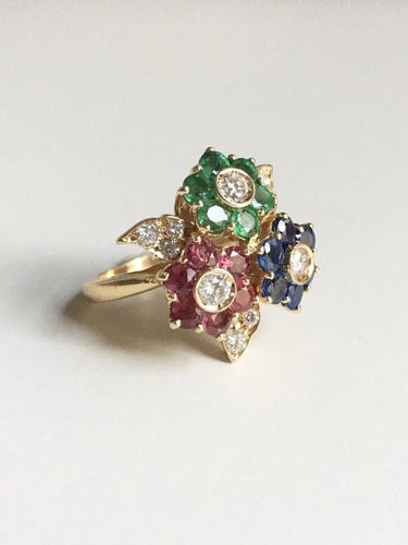 Bague 51 Bague fleur en or jaune 18K avec saphirs, rubis, émeraudes et diamants 58 Facettes