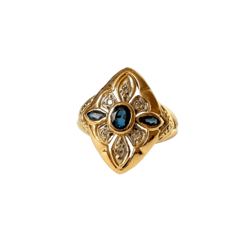 Bague 57 Bague saphir et diamants en or jaune, années 1990 58 Facettes