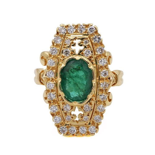 Bague 54 Bague rectangulaire en or jaune avec émeraude et diamants 58 Facettes