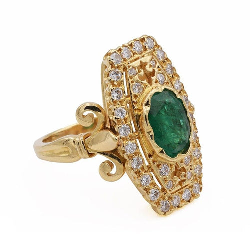 Bague 54 Bague rectangulaire en or jaune avec émeraude et diamants 58 Facettes