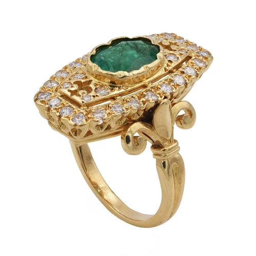 Bague 54 Bague rectangulaire en or jaune avec émeraude et diamants 58 Facettes