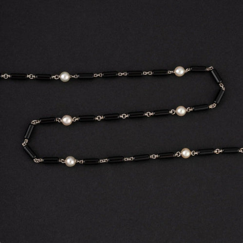 Collier Georges Lenfant - Chaîne giletière Art déco en platine, onyx et perles fines 58 Facettes A3167