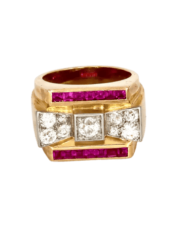 Bague 55 Bague tank en or jaune 18 kt avec rubis synthétiques et diamants 58 Facettes