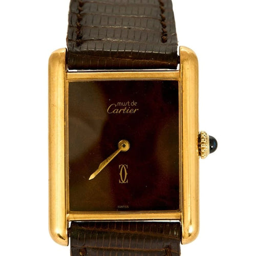 Montre Cartier Tank Must - Montre en argent plaqué or, cadran laqué marron « Bois » 58 Facettes