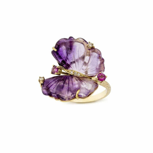 Bague 54 Papillon - Bague en or jaune, améthystes, diamants et rhodolites 58 Facettes CHT-BUTT-RI-AMDI
