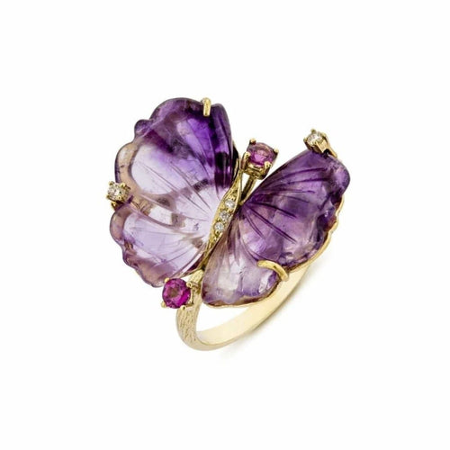 Bague 54 Papillon - Bague en or jaune, améthystes, diamants et rhodolites 58 Facettes CHT-BUTT-RI-AMDI