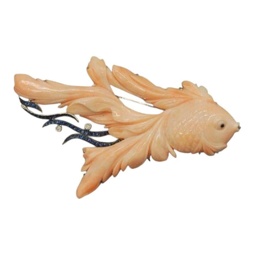 Broche Broche poisson en corail peau d’ange en or gris 18K, saphirs et diamants 58 Facettes