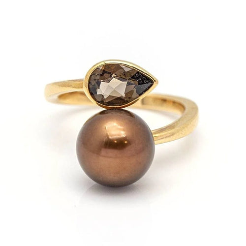 Bague 56 Bague en or rose 18 carats avec perle et quartz fumé 58 Facettes D359660LF