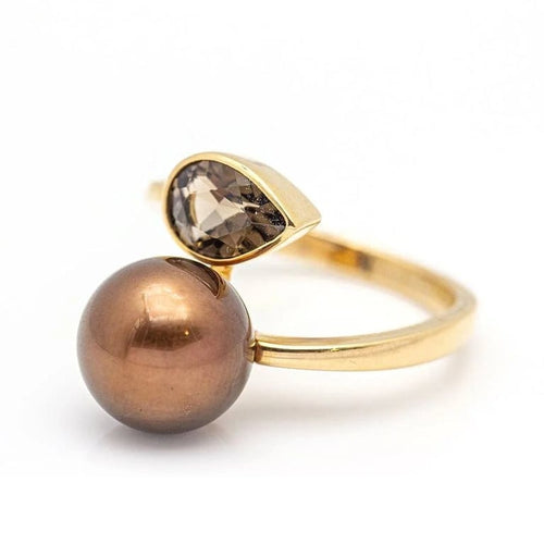 Bague 56 Bague en or rose 18 carats avec perle et quartz fumé 58 Facettes D359660LF